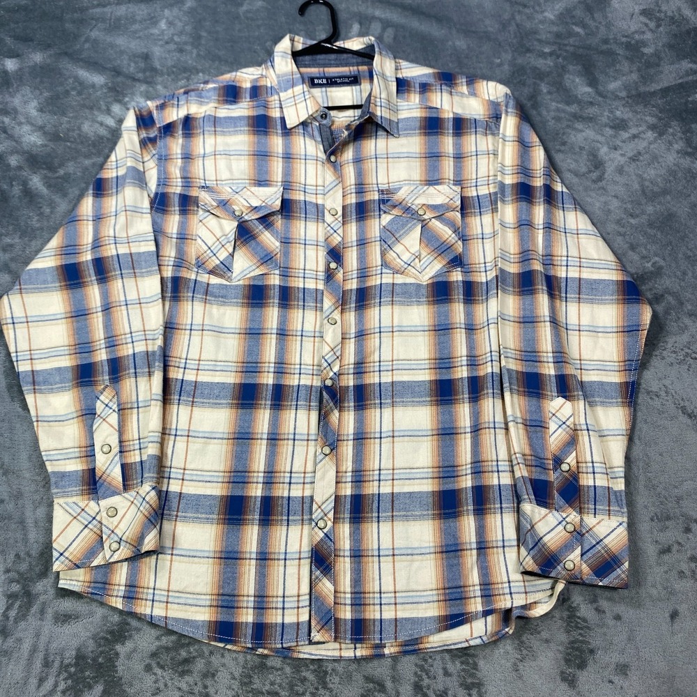 BKE Athletic Fit Shirt Mens 2XL Plaid Long Sleeve Western Pearl Snap Twill